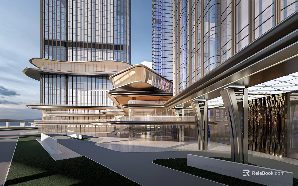 Modern Urban Commercial Shopping Street With Glass Facades Pedestrian Walkways And Green Landscaping 3d model 