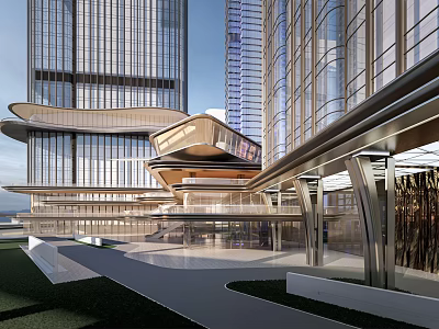 Modern Urban Commercial Shopping Street With Glass Facades Pedestrian Walkways And Green Landscaping 3d model