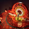 Red Circular Art Installation With Dragon Pattern In Night Sky Fireworks And Lighting 3d model