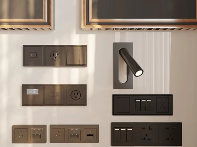 Modern Switch Panels With Sleek Black Design And Various Wall Layouts Including Sockets 3d model