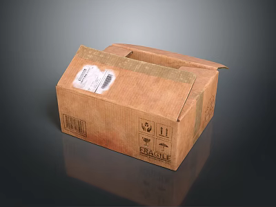 Brown Cardboard Box With Open Lid Label With Barcode And Recycling Symbols 3d model