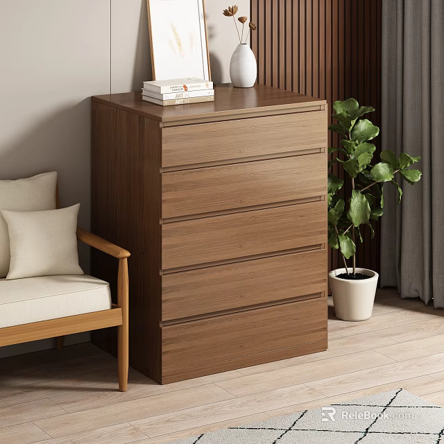 Natural Wooden Chest of Drawers in Living Room With Armchair Pillows Potted Plant and Books 3d model 