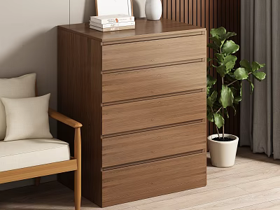 Natural Wooden Chest of Drawers in Living Room With Armchair Pillows Potted Plant and Books 3d model