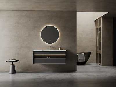Modern Minimalist Bathroom Vanity With Backlit Circular Mirror And Storage Drawers In Gray Wall Interior 3d model