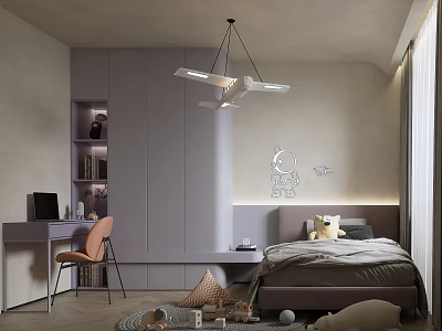 Cozy Kids Room Interior With Bed Desk Chair And Cartoon Astronaut Wall Decor 3d model