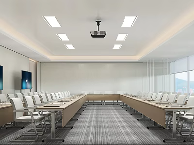 Modern Conference Room Interior With Long Tables Neatly Arranged Chairs Projector And Ceiling Lights 3d model