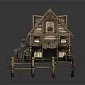 Rustic Stilted Wooden House With Sloped Roof Wooden Deck Railings And Barrels
