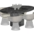 Modern Oval Marble Dining Table Set With Woven Chairs And Decorative Centerpiece
