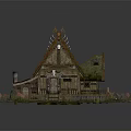 Traditional Wooden House With Gabled Green Roof Decorative Spires And Surrounding Grass