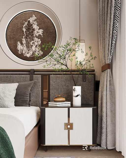 Classic Bedside Table Next to Bed With Vase Twigs Books And Round Decorative Painting Curtains 3d model 