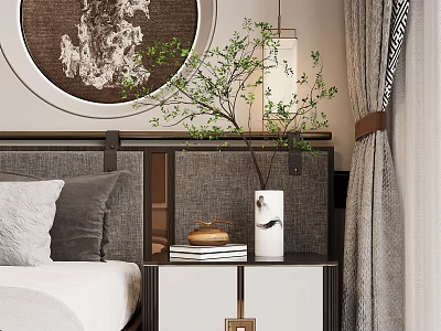 Classic Bedside Table Next to Bed With Vase Twigs Books And Round Decorative Painting Curtains 3d model