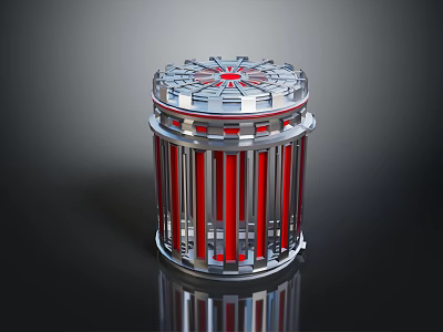 Modern Cylinder Structure With Star Shaped Top Red Vertical Bars Silver Frame And Reflective Surface 3d model