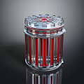 Modern Cylinder Structure With Star Shaped Top Red Vertical Bars Silver Frame And Reflective Surface 3d model