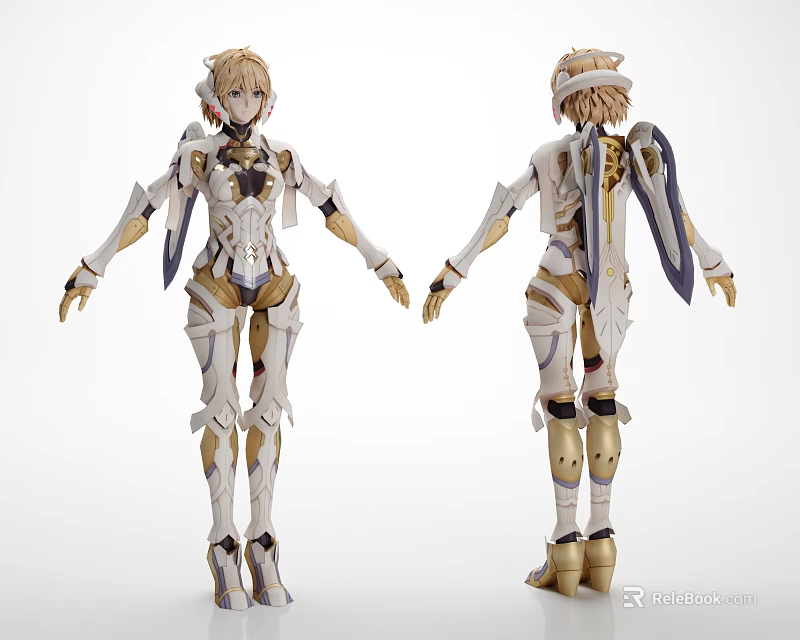 Winged Game Movie Character with Blonde Hair White and Gold Mecha Armor Front Back View 3d model 