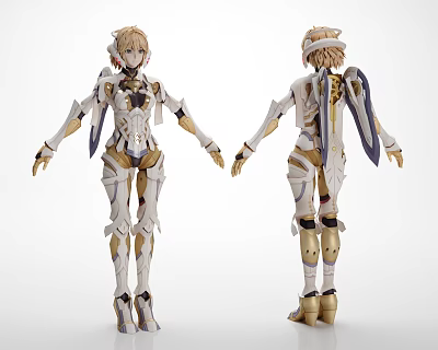 Winged Game Movie Character with Blonde Hair White and Gold Mecha Armor Front Back View 3d model