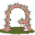 Floral Decor Arch with Pink White Flowers Grass Ground Table Bouquet and Cake