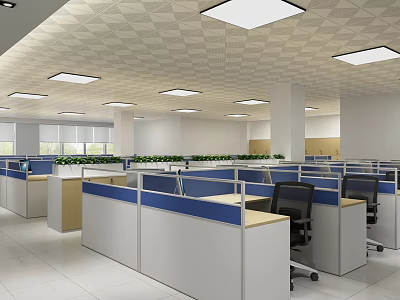 Modern Public Office Area With Open Cubicles Blue White Partitions Green Plants And Ceiling Lights 3d model