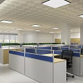 Modern Public Office Area With Open Cubicles Blue White Partitions Green Plants And Ceiling Lights