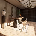 Traditional Chinese Tea House Interior With Wooden Shelves Tea Table And Decorative Plants