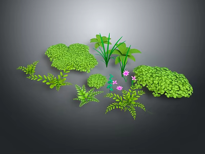 Various Green Plants With Different Leaf Shapes And Small Pink Flowers 3d model