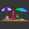 Colorful Beach Scene With Striped And Multicolored Umbrellas Surfboard Beach Ball And Inflatable Ring
