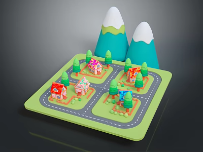 Scenic Green Landscape with Colorful Small Houses Trees and Snowy Blue Green Mountains 3d model