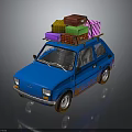 Blue Small Car With Rusty Details And Various Colored Suitcases On Roof