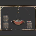 Vintage Wooden Boat Displayed Under Wooden Frame With Barrels And Pallets