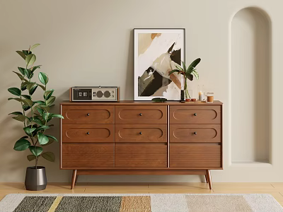 Wooden Entryway Console Table With Drawers Green Plant Rug And Abstract Painting On Light Wall 3d model