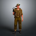 Military Soldier Standing In Green Uniform With Hat Rifle And Tactical Vest