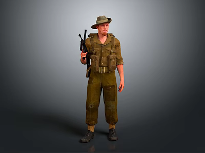 Military Soldier Standing In Green Uniform With Hat Rifle And Tactical Vest 3d model
