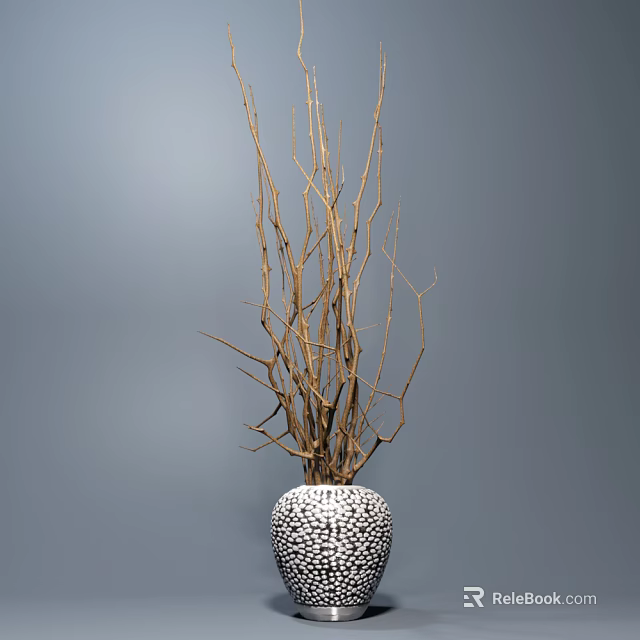 Black and White Spotted Vase With Dried Branches On Gray Background 3d model 
