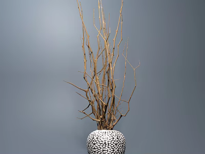 Black and White Spotted Vase With Dried Branches On Gray Background 3d model