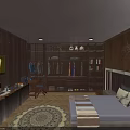 Man in cozy bedroom with dark brown wood walls TV study desk and patterned rug