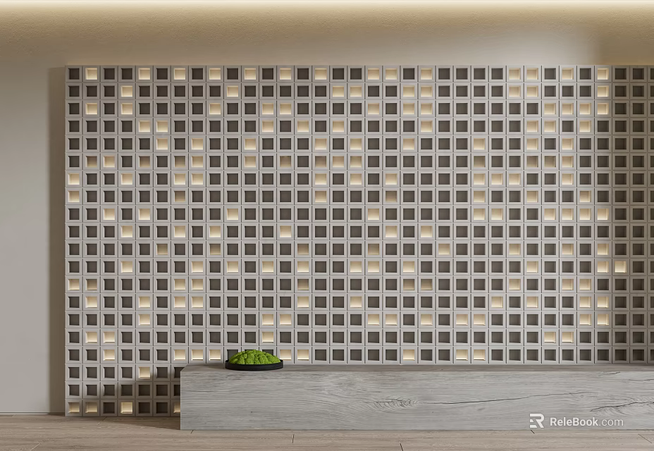 Reception Backdrop With Gray And White Grid Pattern Embedded Lighting Gray Countertop Green Plant 3d model 