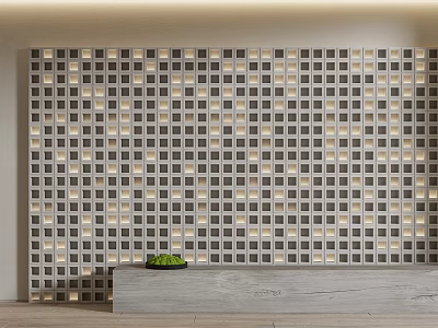 Reception Backdrop With Gray And White Grid Pattern Embedded Lighting Gray Countertop Green Plant 3d model