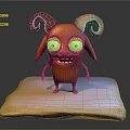 Game Movie Character With Orange Body Red Curved Horns Big Eyes Standing On White Mat