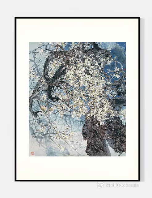 Detailed Botanical Painting Featuring Tree Branches With White Blossoms And Birds Against Blue Background 3d model 