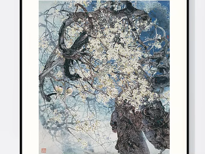 Detailed Botanical Painting Featuring Tree Branches With White Blossoms And Birds Against Blue Background 3d model