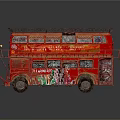 Red Vintage Double Decker Bus With Graffiti Decorations And Top Structure