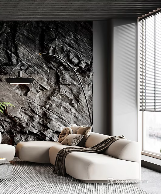 Beige Casual Sofa Set with Black Curved Floor Lamp Rock Texture Wall and Throw Pillows 3d model 