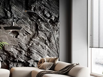 Beige Casual Sofa Set with Black Curved Floor Lamp Rock Texture Wall and Throw Pillows 3d model