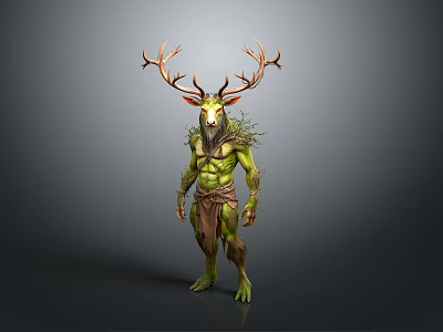 Mythical Deer Like Creature With Green Skin Large Antlers And Muscular Body 3d model