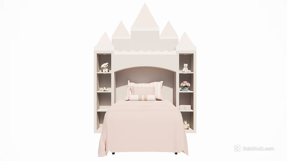 Kids Castle Themed Table And Chair Set With Pink Design And Storage Shelves 3d model 