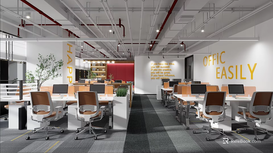 Modern Spacious Public Office Area With Ergonomic Workstations Comfortable Chairs And Fresh Green Decorative Plants 3d model 