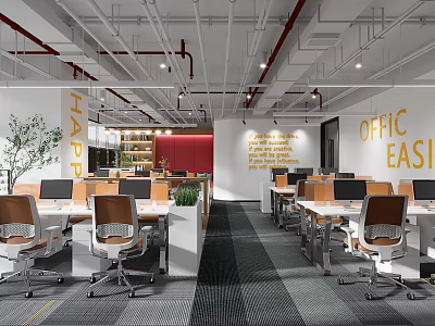 Modern Spacious Public Office Area With Ergonomic Workstations Comfortable Chairs And Fresh Green Decorative Plants 3d model