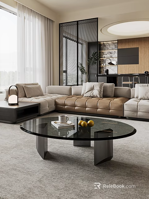 Modern Living Room Interior With Sectional Sofa Glass Coffee Table Floor Lamp And Plants 3d model 