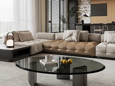 Modern Living Room Interior With Sectional Sofa Glass Coffee Table Floor Lamp And Plants 3d model
