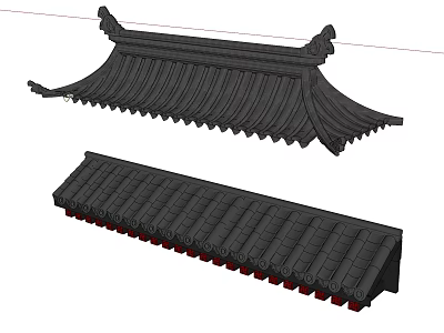 Ancient Architecture Traditional Roof with Black Tiles Curved Eaves and Red Decorations 3d model