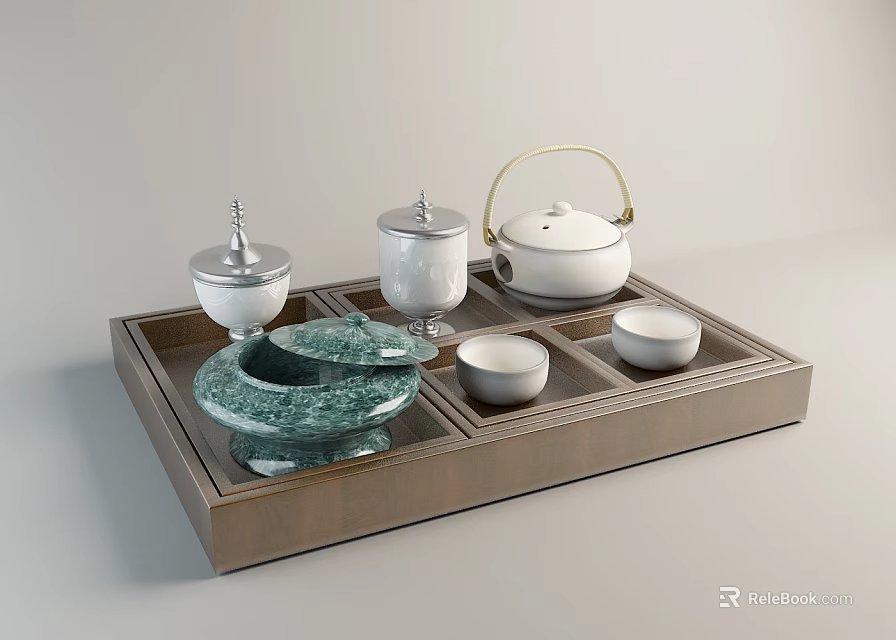 Elegant Ceramic Tea Set with White Teapot Green Mortar and Cups on Wooden Tray 3d model 